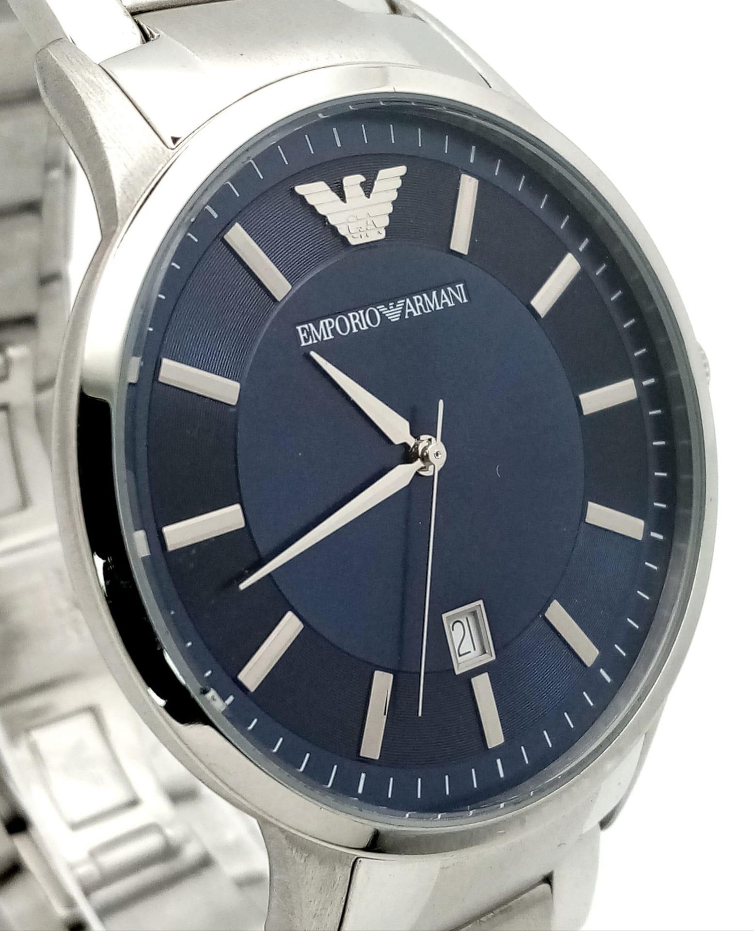 An Emporio Armani Quartz Gents Watch. Stainless steel bracelet and case - 43mm. Blue dial with - Image 3 of 7