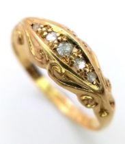 AN 18K YELLOW GOLD ANTIQUE 5 STONE OLD CUT DIAMOND RING. 2G. SIZE M. HALLMARKED CHESTER 1916.