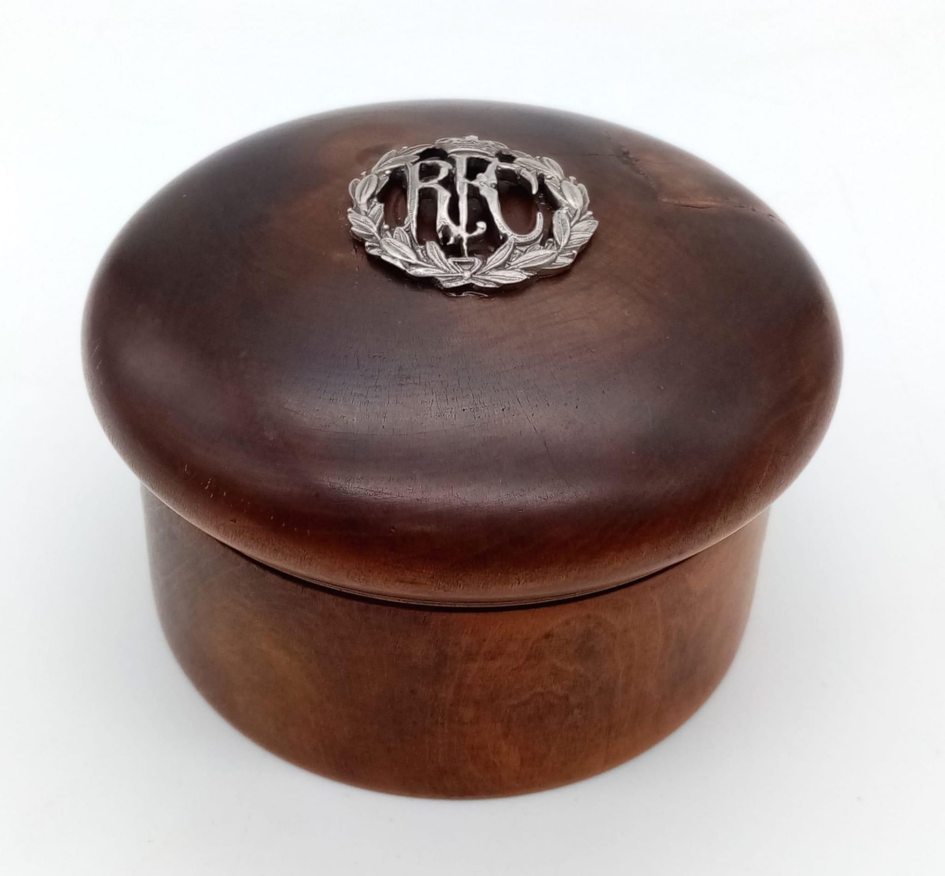 WW1 British Screw Lidded Wooden Pot with Silver Royal Flying Corps Badge