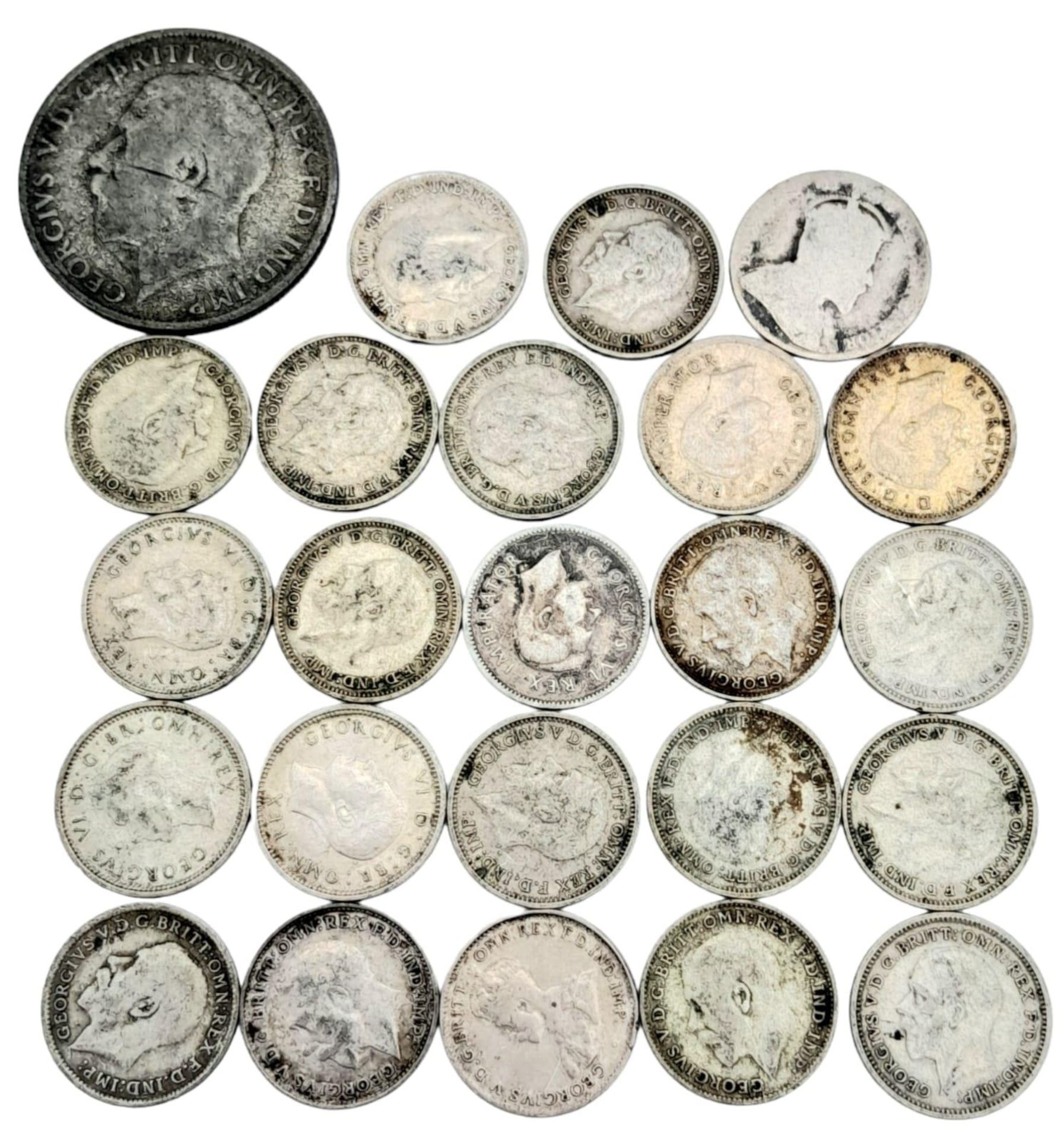 A Parcel of Pre-1947 Silver Coins Dated 1920-1941. Comprising 23x Silver 3 Pence Coins and 1 x 2