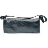 A Black Leather Mulberry Baguette Bag. Textured exterior with Mulberry logo. Decorative textile