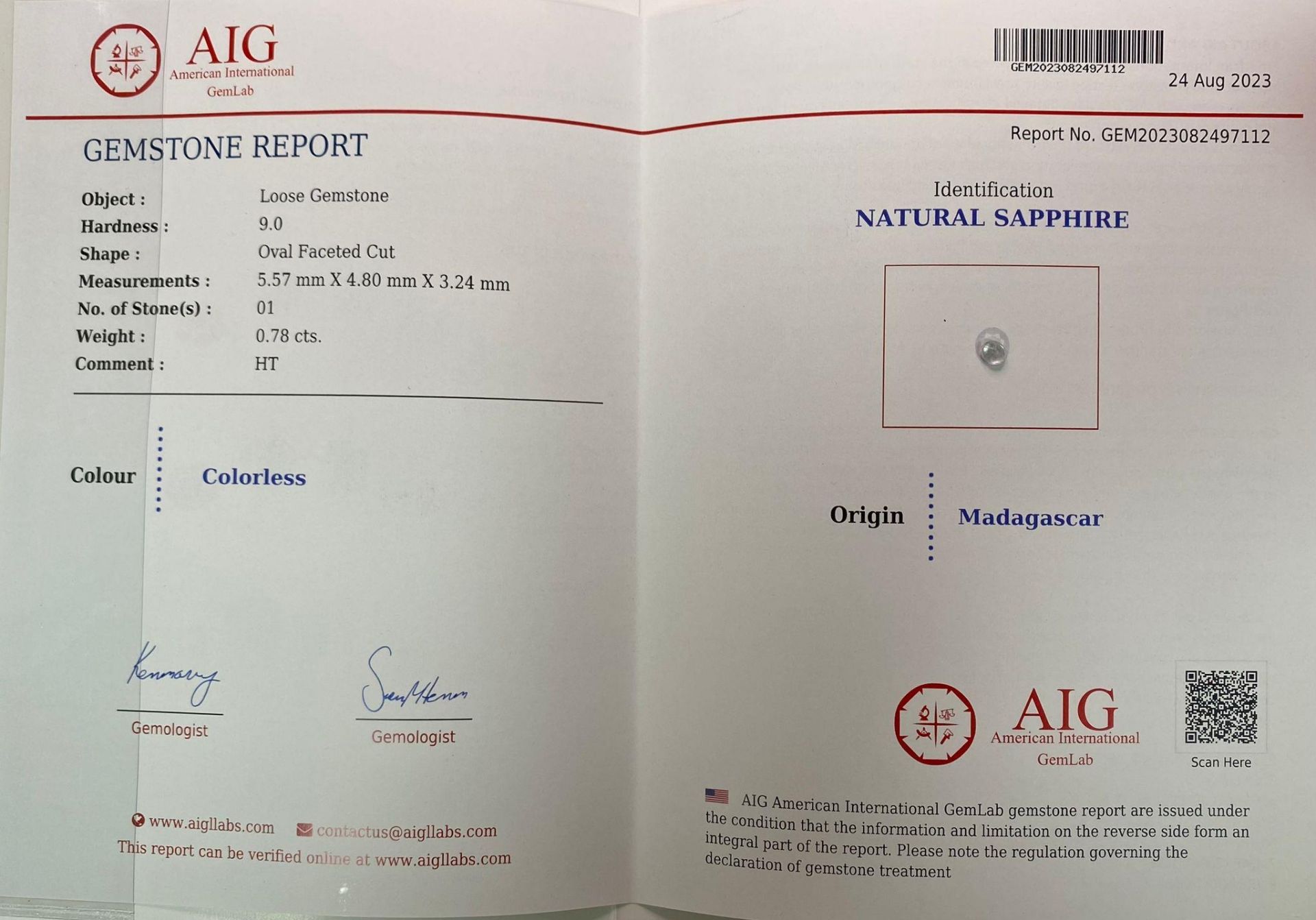 A 0.78ct Madagascar Natural White Sapphire, in the Oval Faceted cut. Comes with the AIG Certificate. - Image 6 of 6
