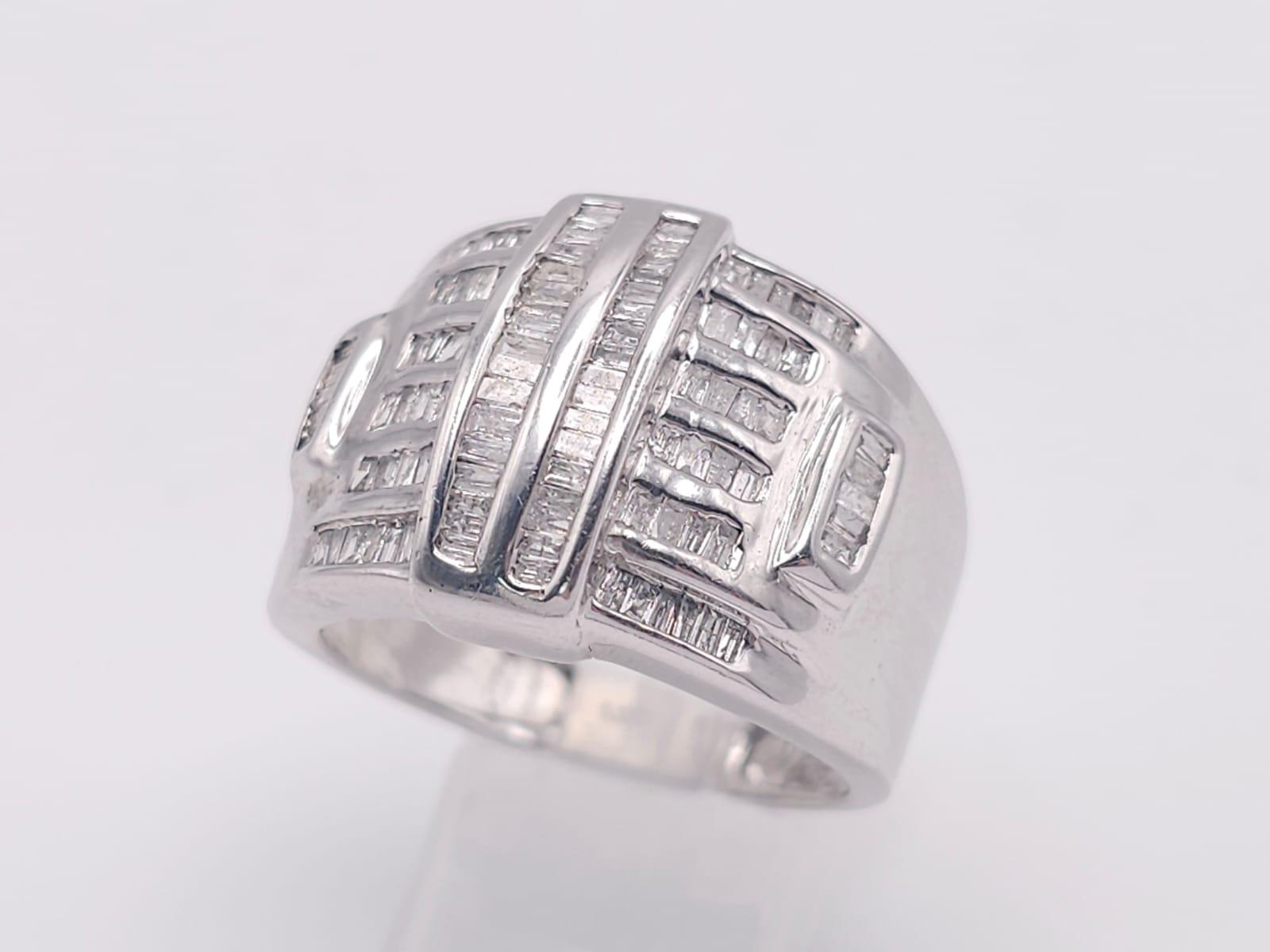 A 10K White Gold Baguette Diamond Cluster Ring. Size V. 1ctw. 7.4g total weight. - Image 5 of 9