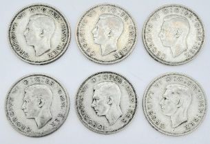A SELECTION OF 6 X 2 SHILLING COINS ALL PRE 1947, HAVE MINIMUM OF 50% SILVER CONTENT DATES ARE 1939,