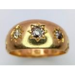 AN 18K YELLOW GOLD ANTIQUE 3 STONE OLD CUT DIAMOND RING. 0.35CT. 5.7G SIZE M HALMARKED CHESTER 1882