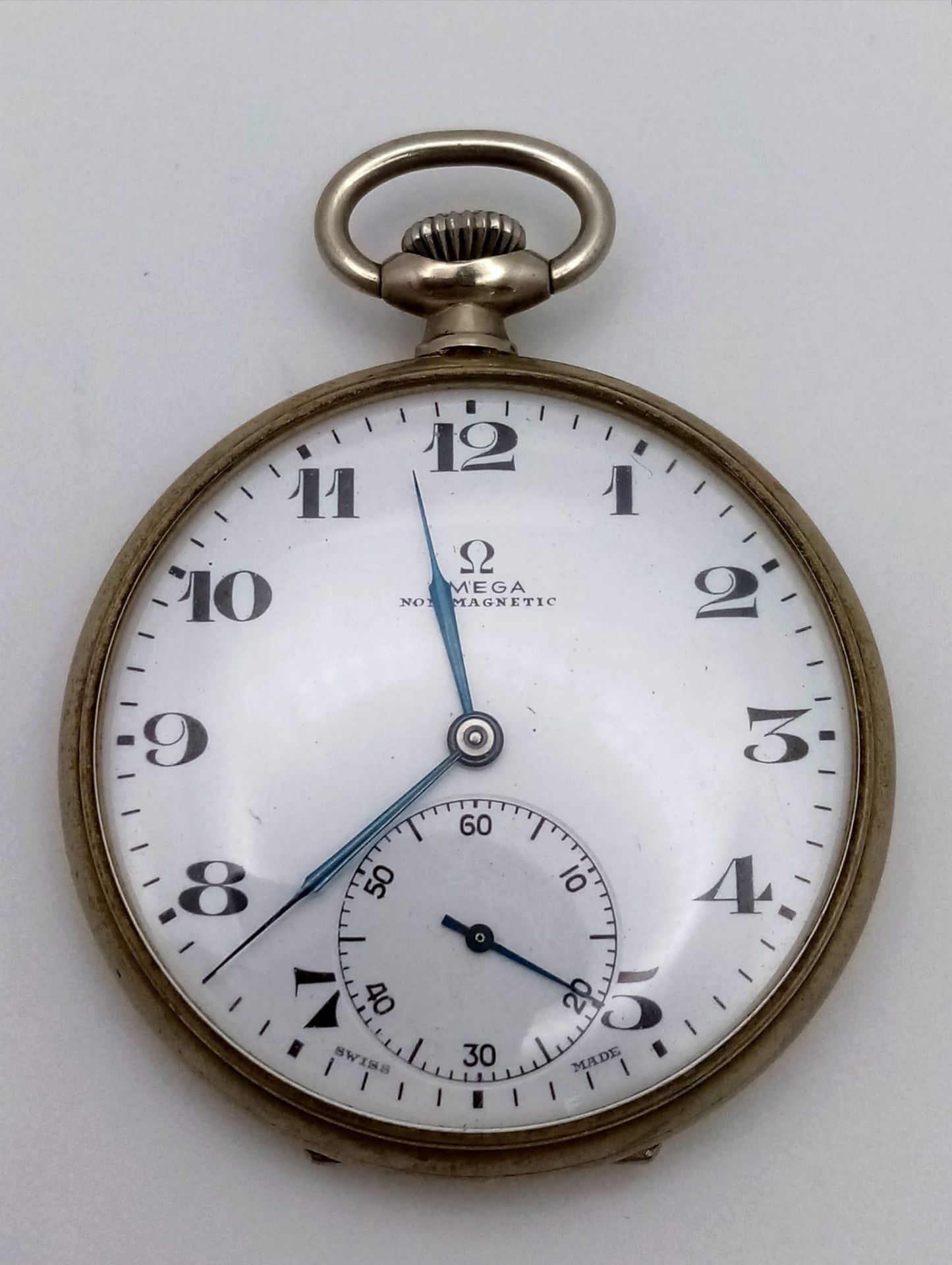 A Vintage Omega Pocket Watch. Stainless steel case with top winder. White dial with second sub dial. - Image 2 of 5