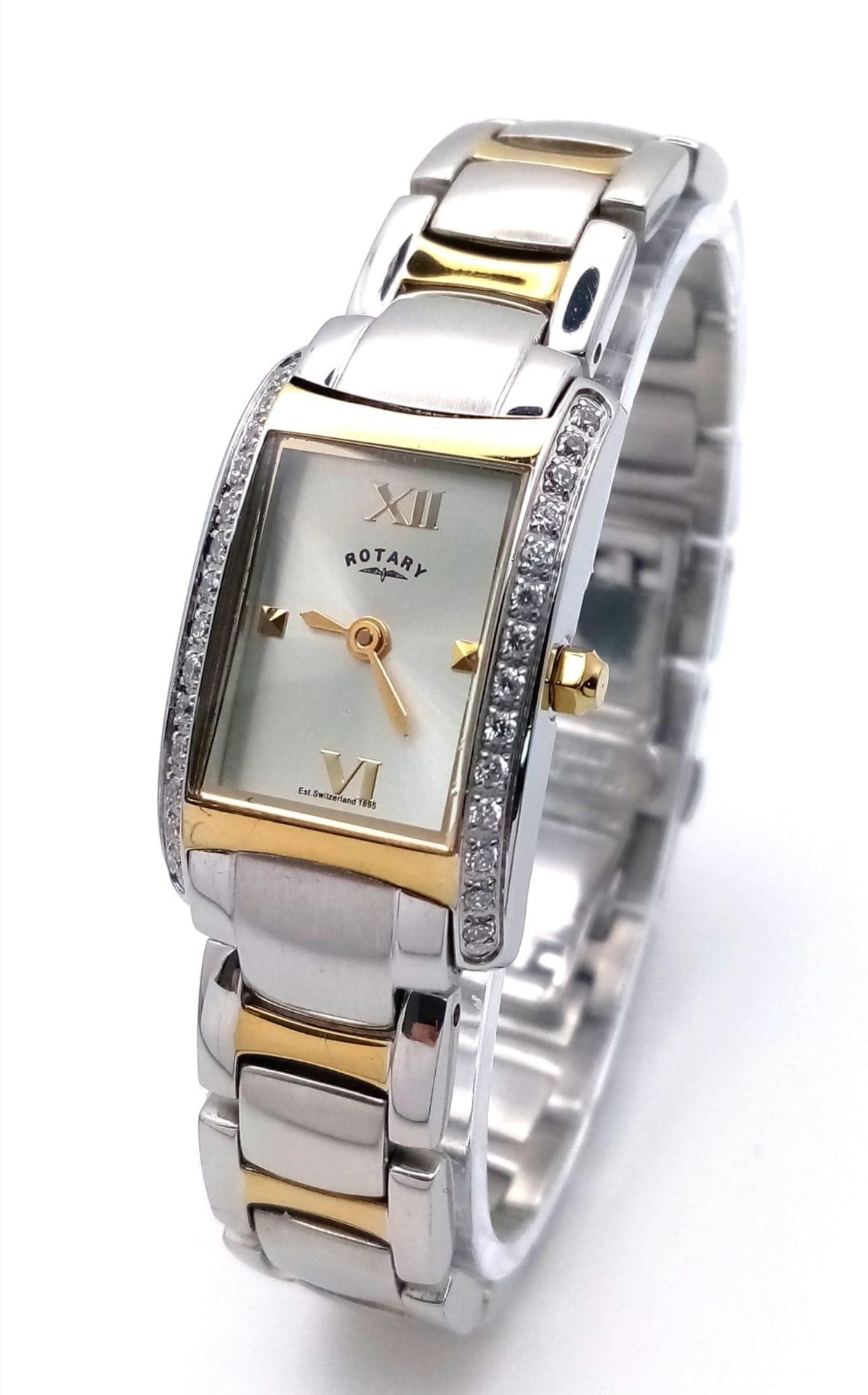 A Ladies Rotary, Bi-Metal, Stone Bezel Set Bracelet Watch Model LB02796.06. Full Working Order and