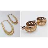 Two 9 K yellow gold pairs of hoop earrings, Creole style, length: 33 mm and 19 mm respectively,