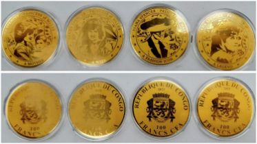 4 REPUBLIC OF CONGO 100 FRANC COINS ENCAPSULATED AND COMMEMORATING THE LIFE OF PRINCESS DIANA ,