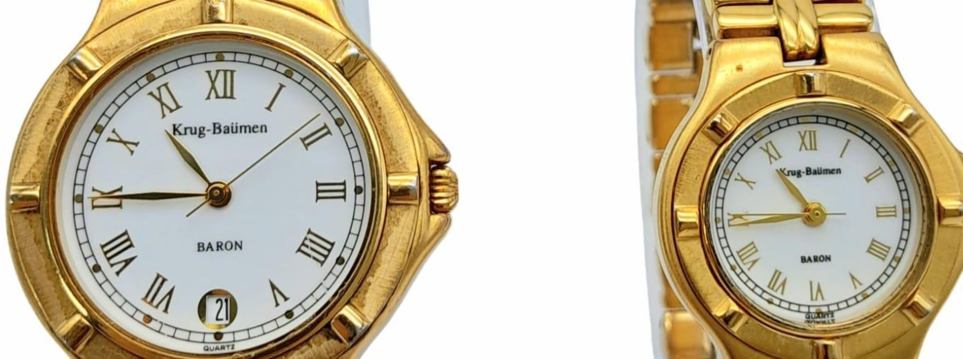 A Matching Pair of His and Hers Gold Tone Watches by Krug-Baumen. Men’s watch is 46mm Including - Image 3 of 5