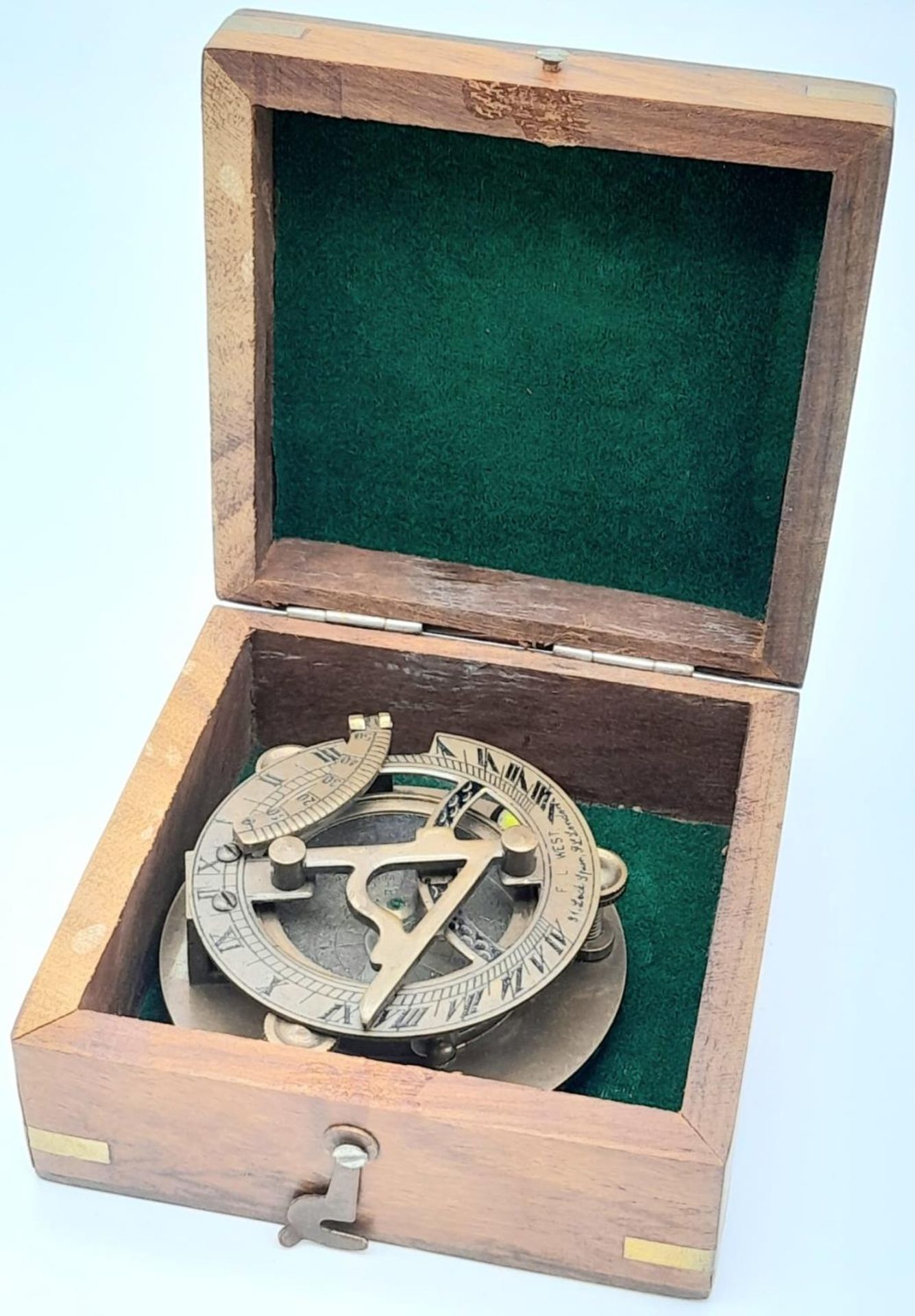 A Portable Folding Bronze Sundial/Compass in its own Wooden Presentation Case. 7.5cm. In good - Image 5 of 9