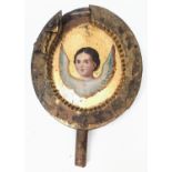 An Antique (Possibly Russian) Liturgical Fan. Oil on wood panel in the form of a winged angel. It