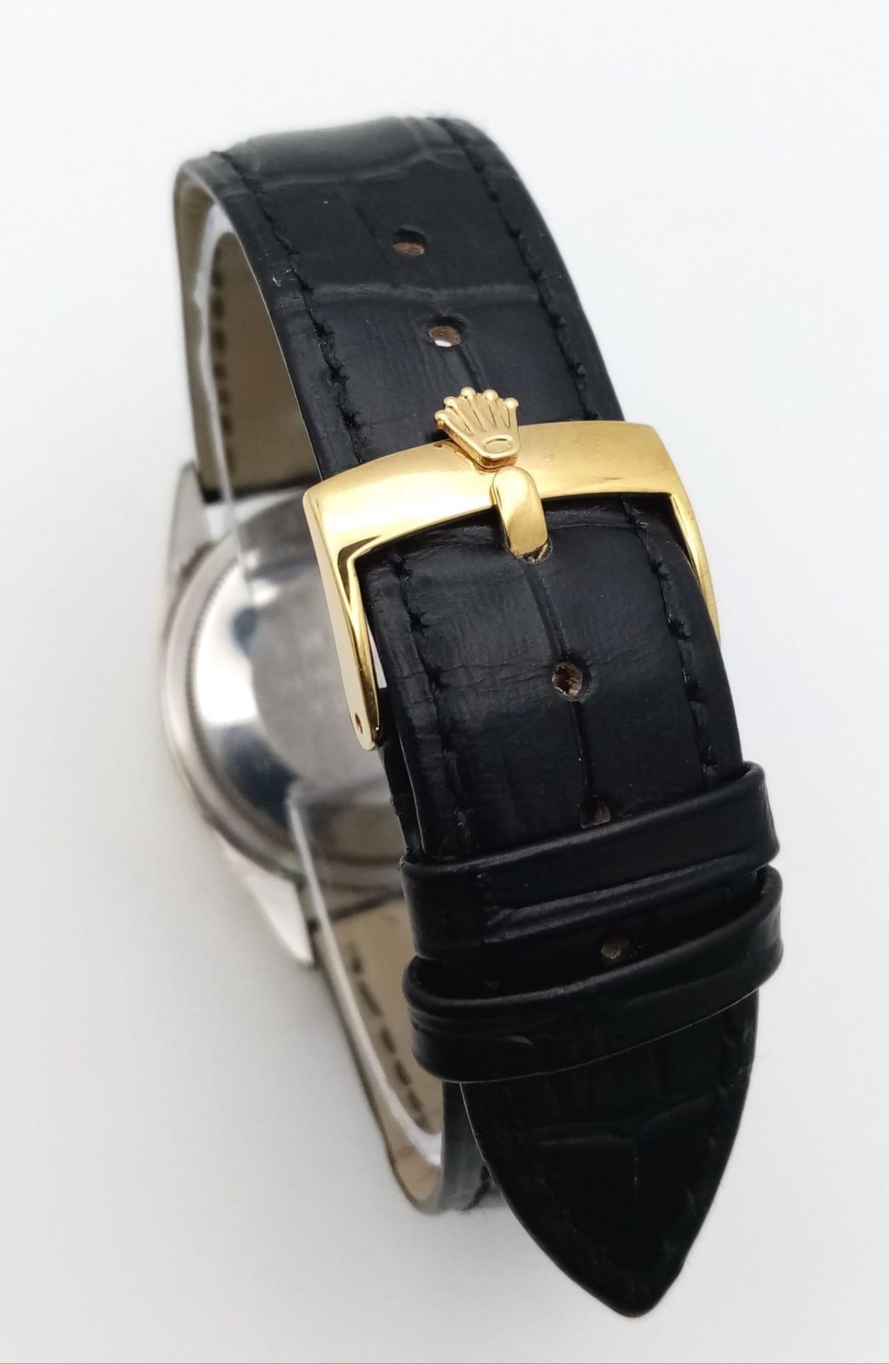 A VINTAGE ROLEX OYSTER PERPETUAL GENTS WATCH ON THE ORIGINAL ROLEX BLACK LEATHER STRAP ONLY WORN A - Bild 5 aus 9