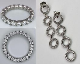 STERLING SILVER STONE SET FULL ETERNITY RING SIZE O & STERLING SILVER MATCHING STYLE PENDANT &