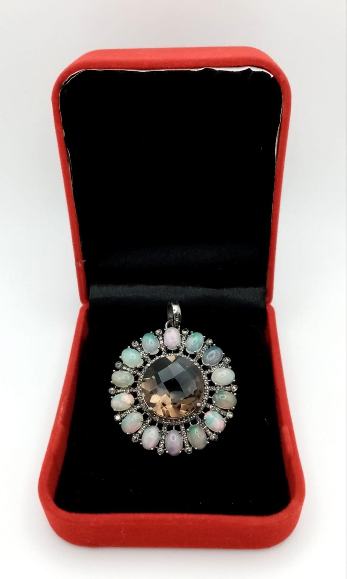 A Smoky Quartz & Ethiopian Opal Silver Pendant. Round cut Smoky quartz & Oval cut Opals set in 925 - Bild 3 aus 5