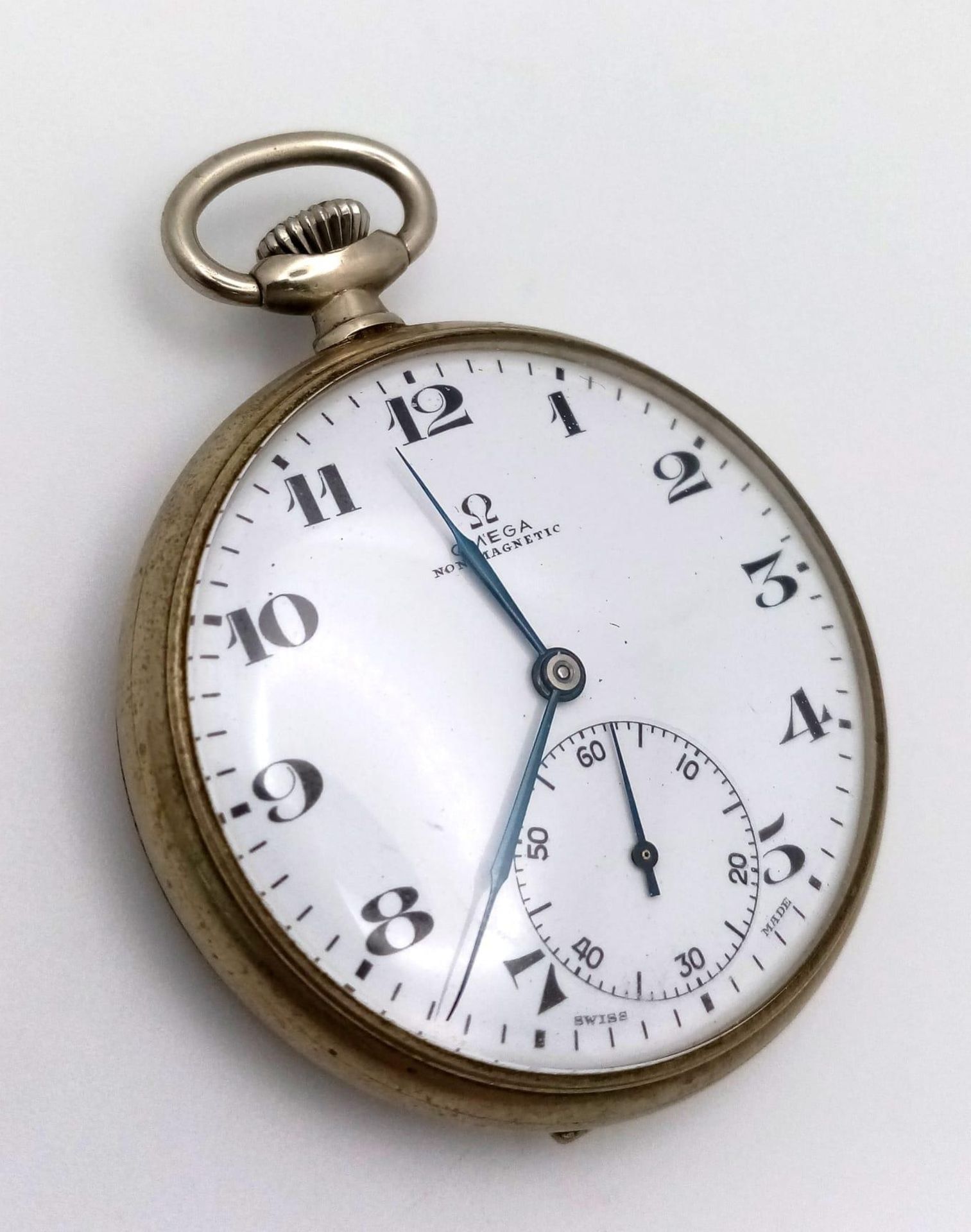 A Vintage Omega Pocket Watch. Stainless steel case with top winder. White dial with second sub dial.