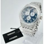 A Citizen Eco Drive Gents Watch. Stainless steel bracelet and case - 42mm. Blue dial with three