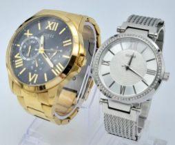 A Pair of His and Hers Watches by Guess, Comprising: 1) An Oversize Men’s Gold Tone Quartz Watch,