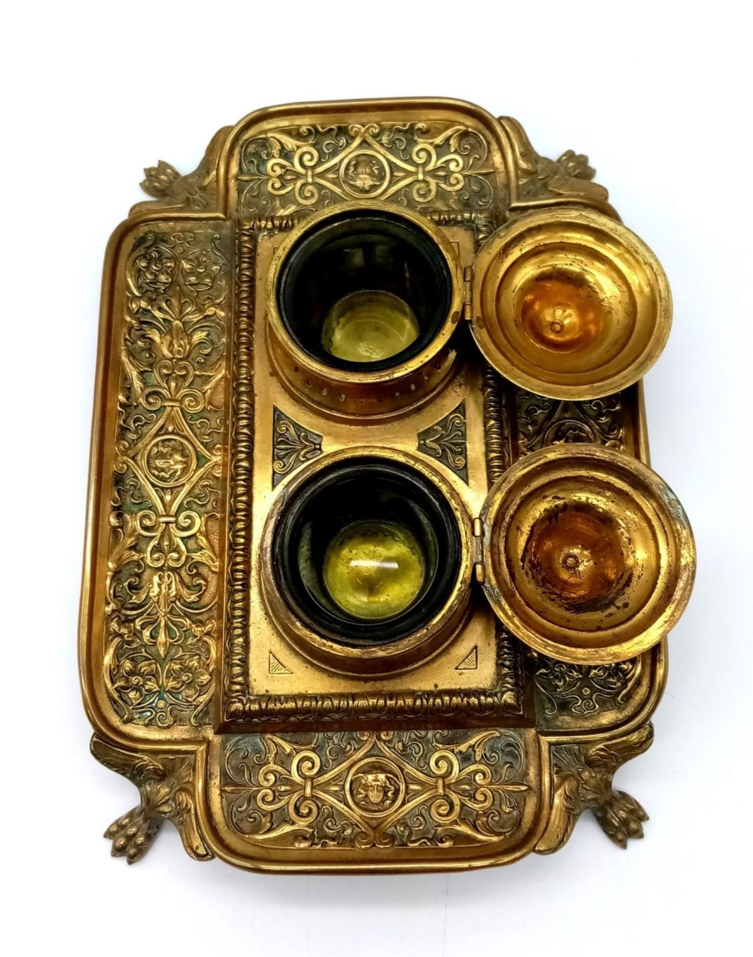 An Antique Brass (Possibly French) Double Inkwell. Ornate regal scroll decoration throughout with - Image 3 of 4