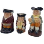 3 TRADITIONAL TOBY JUGS BY ROYAL DOULTON , JOLLY TOBY (16cms) . THE HUNTSMAN (19.5cms) AND HAPPY