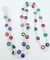A Ruby, Emerald and Sapphire Chain Necklace set in 925 Silver. 48cm length. Ref: CD-1114