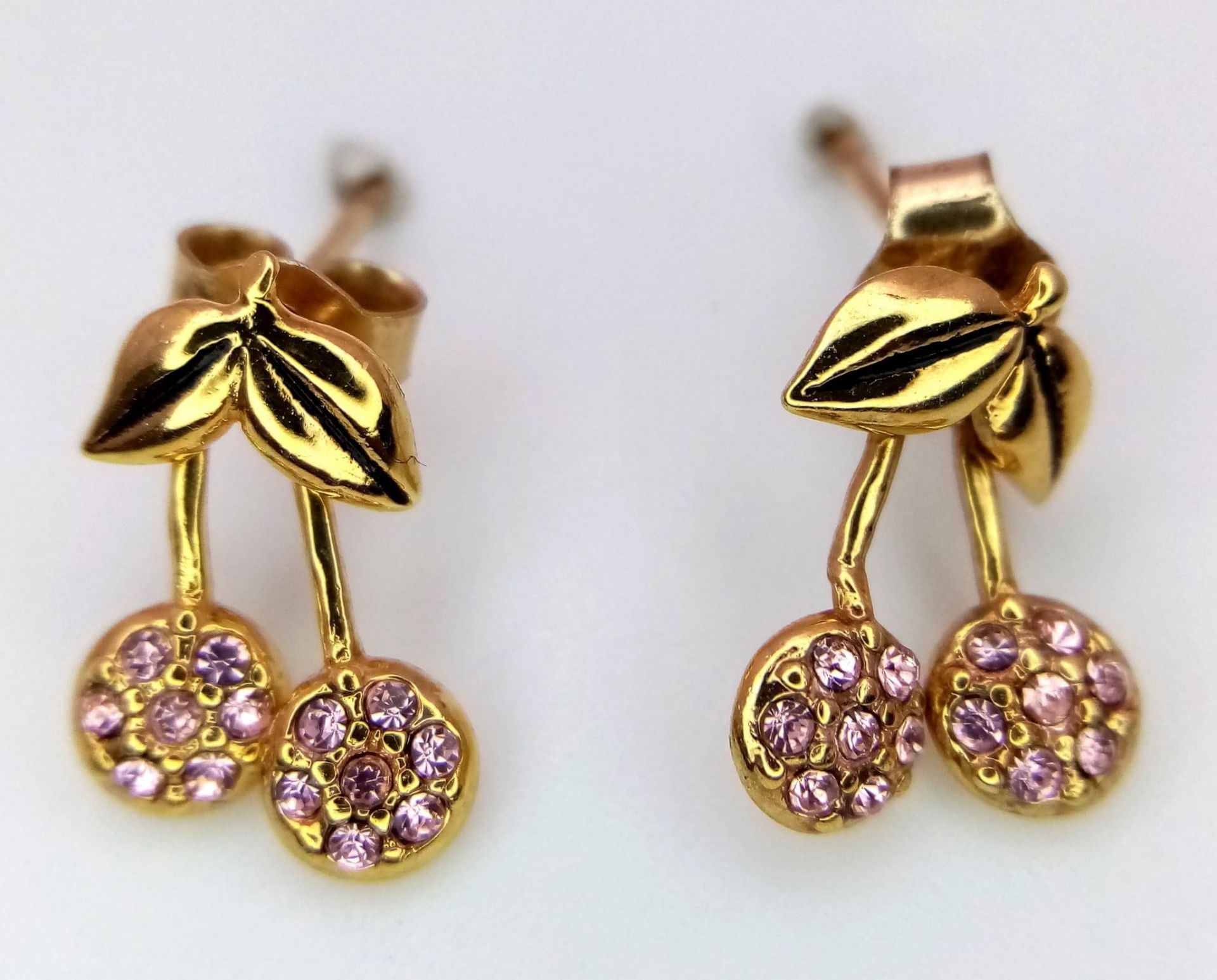 A Pair of 9K Yellow Gold Pink Stone 'Cherry Drop' Earrings. 1.34g total weight. - Image 2 of 4