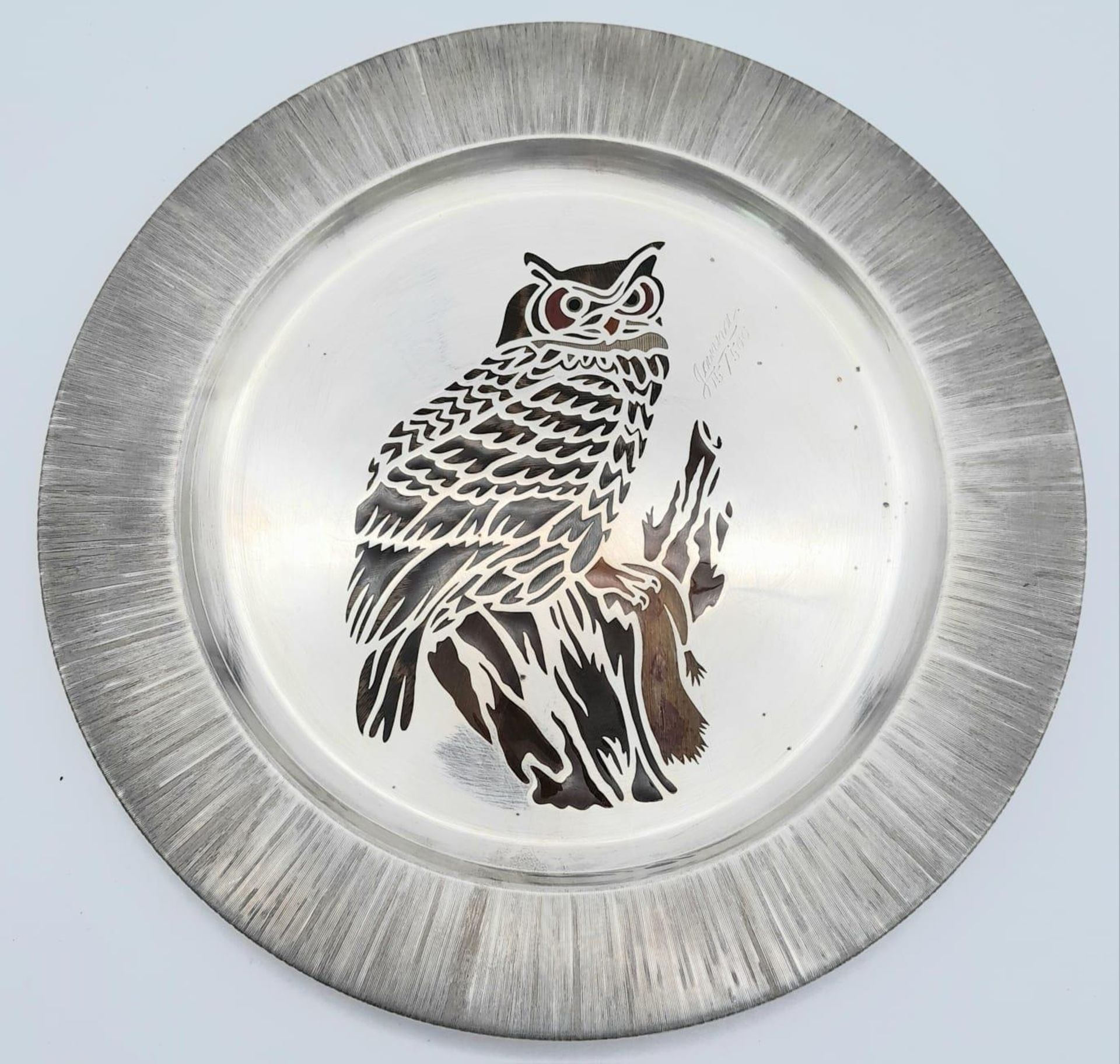 A Handmade Vintage Sterling Silver Limited Edition (15/500) Decorative Owl Plate. Brilliantly