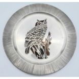A Handmade Vintage Sterling Silver Limited Edition (15/500) Decorative Owl Plate. Brilliantly