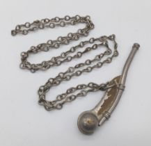 A WW2 Naval Bosuns Whistle on metal chain lanyard. Marked with a Broad Arrow. 12cm Length.