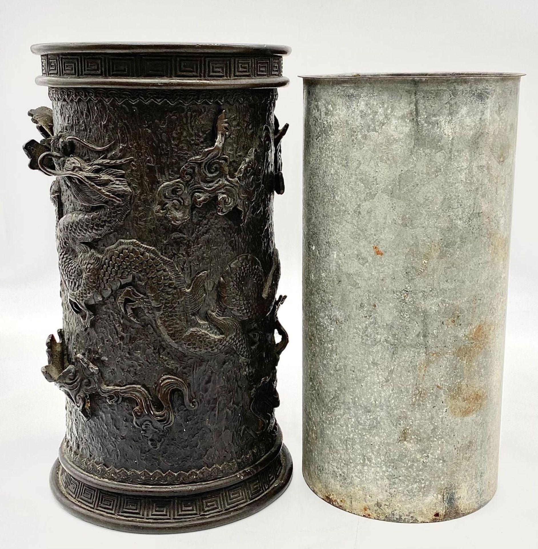 A Rare Unusual Antique Chinese Large Brush Pot Holder with Original Metal Liner. Relief dragon