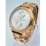 An Unworn Fossil Chelsey Model ES3353 Gold Tone, Clear Stone Set Inner Bezel, Quartz Watch. 42mm