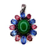 An Emerald Silver Pendant with Rubies & Kyanites. Oval cut Emeralds set in 925 Sterling silver. 13.