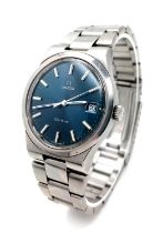 An Omega Vintage 17 Jewel Geneve Watch. Stainless steel bracelet and case - 36mm. Blue dial with