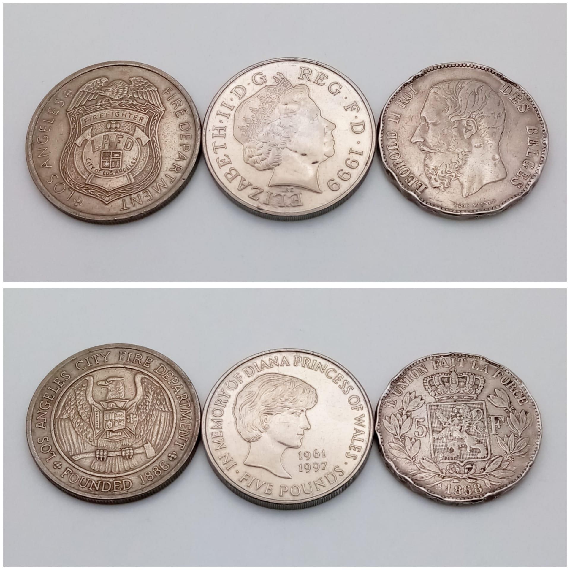 Three Interesting Coins: An 1868 Silver Belgium King Leopold 5 Franc Coin (damaged at edges), an