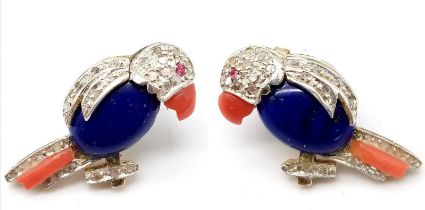 A Glorious Pair of 18K Gold, Lapis, Ruby, Coral and Diamond Parrot Earrings! There is so much