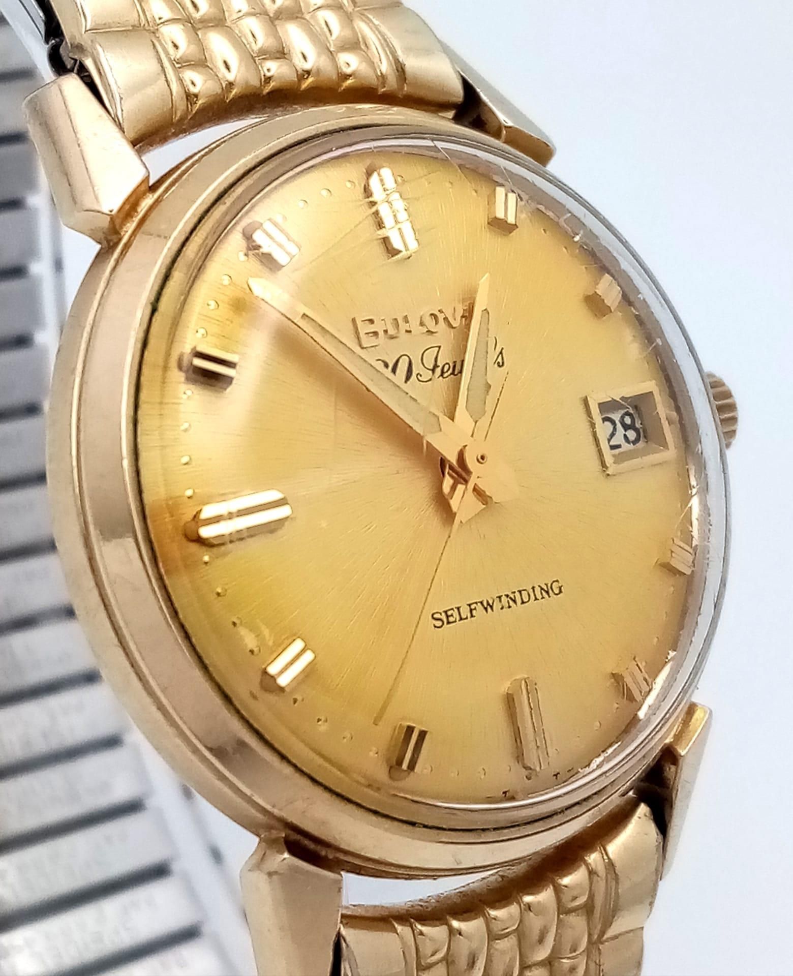 A Vintage 1960s Bulova Self-Winding Gents Watch. Gold plated expandable strap. Gold plated case - - Image 4 of 8