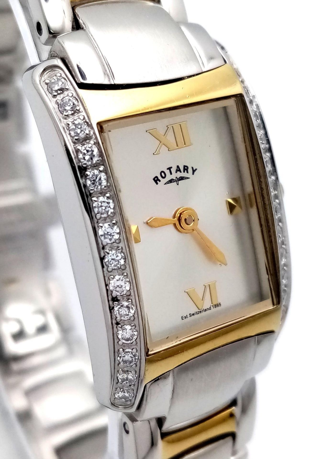 A Ladies Rotary, Bi-Metal, Stone Bezel Set Bracelet Watch Model LB02796.06. Full Working Order and - Image 3 of 6