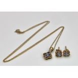 A 9k yellow gold tanzanite and diamond floral cluster necklace and matching earrings. 2.3g total