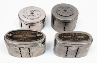 Four Collectible Vintage Home-Safe Metal Coin Boxes. Two Midland bank, one Barclays, and a Lloyds.