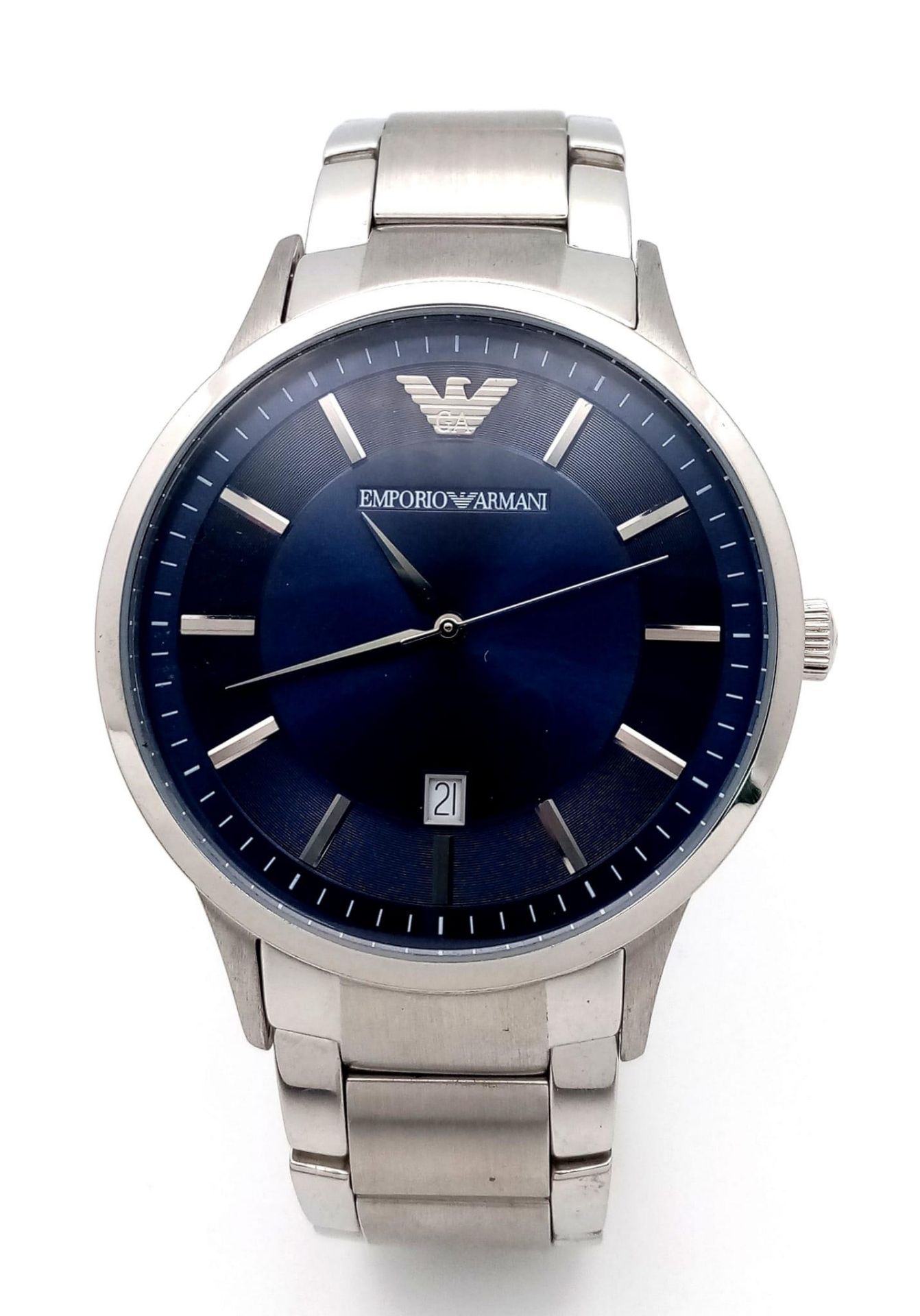 An Emporio Armani Quartz Gents Watch. Stainless steel bracelet and case - 43mm. Blue dial with - Image 2 of 7