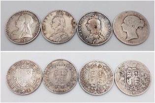 Four Queen Victoria Silver Half Crowns. 1886, 1887, 1889 and 1900. Grade range from F to F+ but