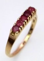 A 9K YELLOW GOLD RUBY 5 STONE RING. 1.6G SIZE M