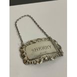 Vintage SHERRY SILVER DECANTER LABEL. Fully hallmarked. Having attractive leaf and Shell borders.