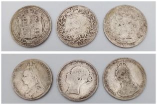 Three Queen Victoria Silver Shilling Coins. 1883, 1890 and 1888. Please see photos for conditions.
