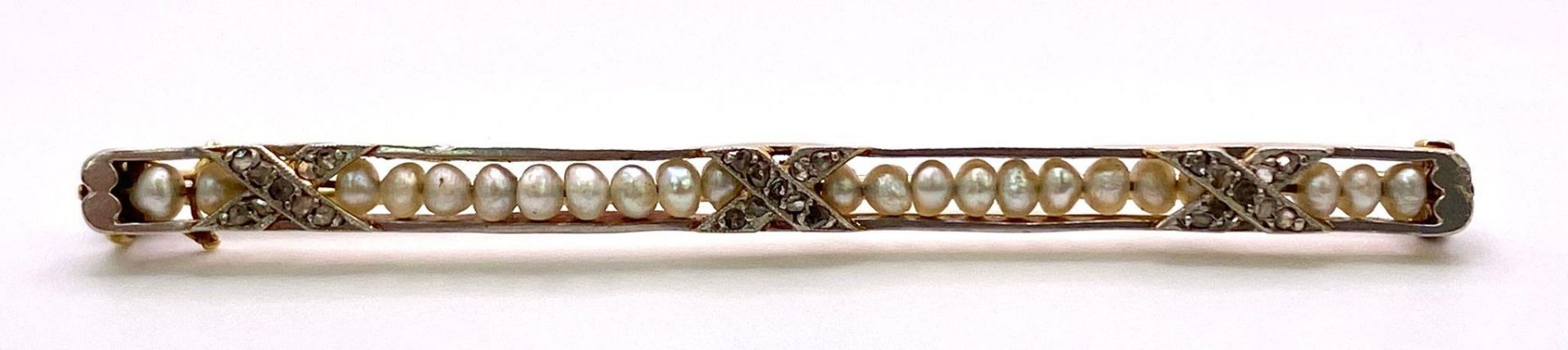 An Antique Mid-Karat Gold, Pearl and Diamond Bar Brooch. 6.5cm length. 5.24g total weight. - Image 2 of 4