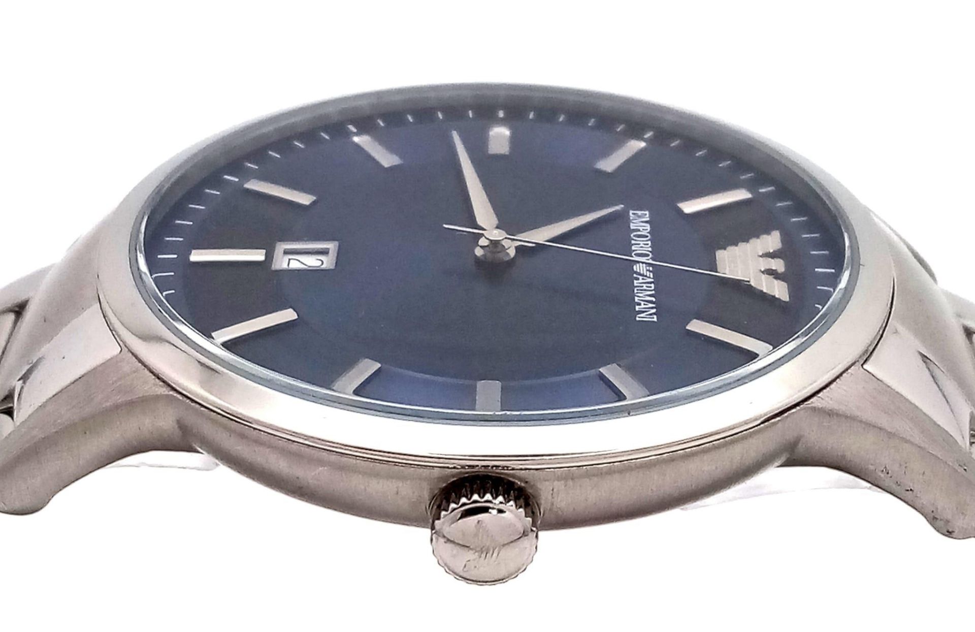 An Emporio Armani Quartz Gents Watch. Stainless steel bracelet and case - 43mm. Blue dial with - Image 4 of 7