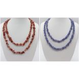 Two Rough Natural Matinee Length Gemstone Necklaces. Amethyst and tourmaline. 88cm lengths.