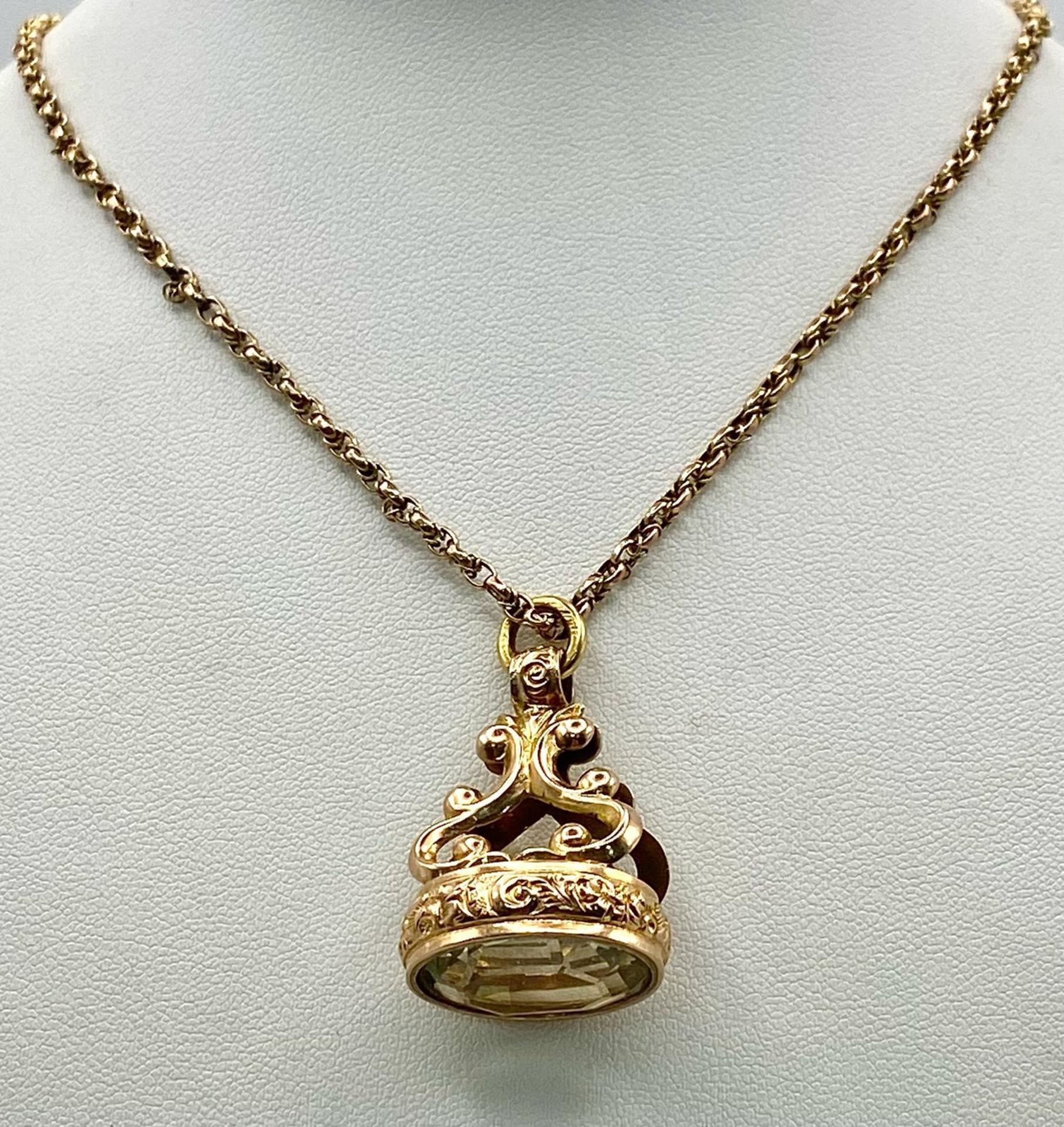 An Antique 9K Gold Fob Seal Citrine Gemstone Pendant on a 9K Gold Chain. Pendant - 3cm. Chain - - Bild 2 aus 6