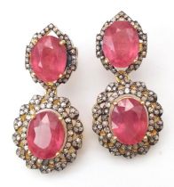 A Pair of Ruby and Diamond Gemstone Dangler Earrings set in Gilded 925 Silver. Ruby - 15ctw and