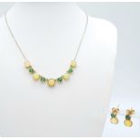 A 9K Yellow Gold Ethiopian Opal and Tsavorite Tourmaline Necklace - 44cm with a Matching Pair of